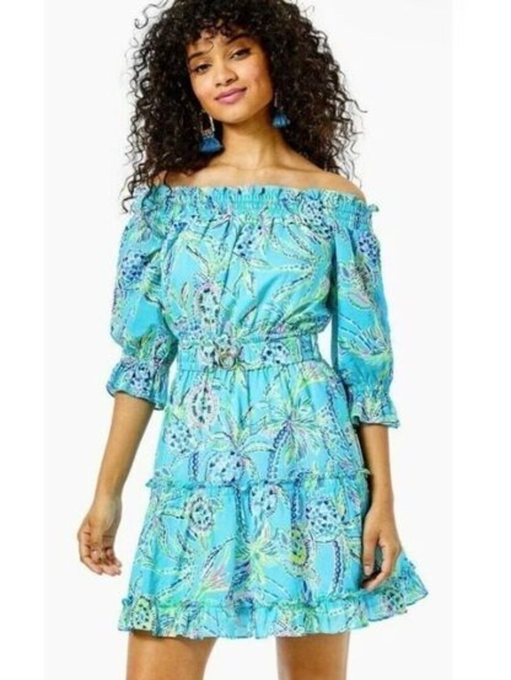 Lilly Pulitzer Louisa Bermuda Blue Turtle Szn Off-The-Shoulder Dress